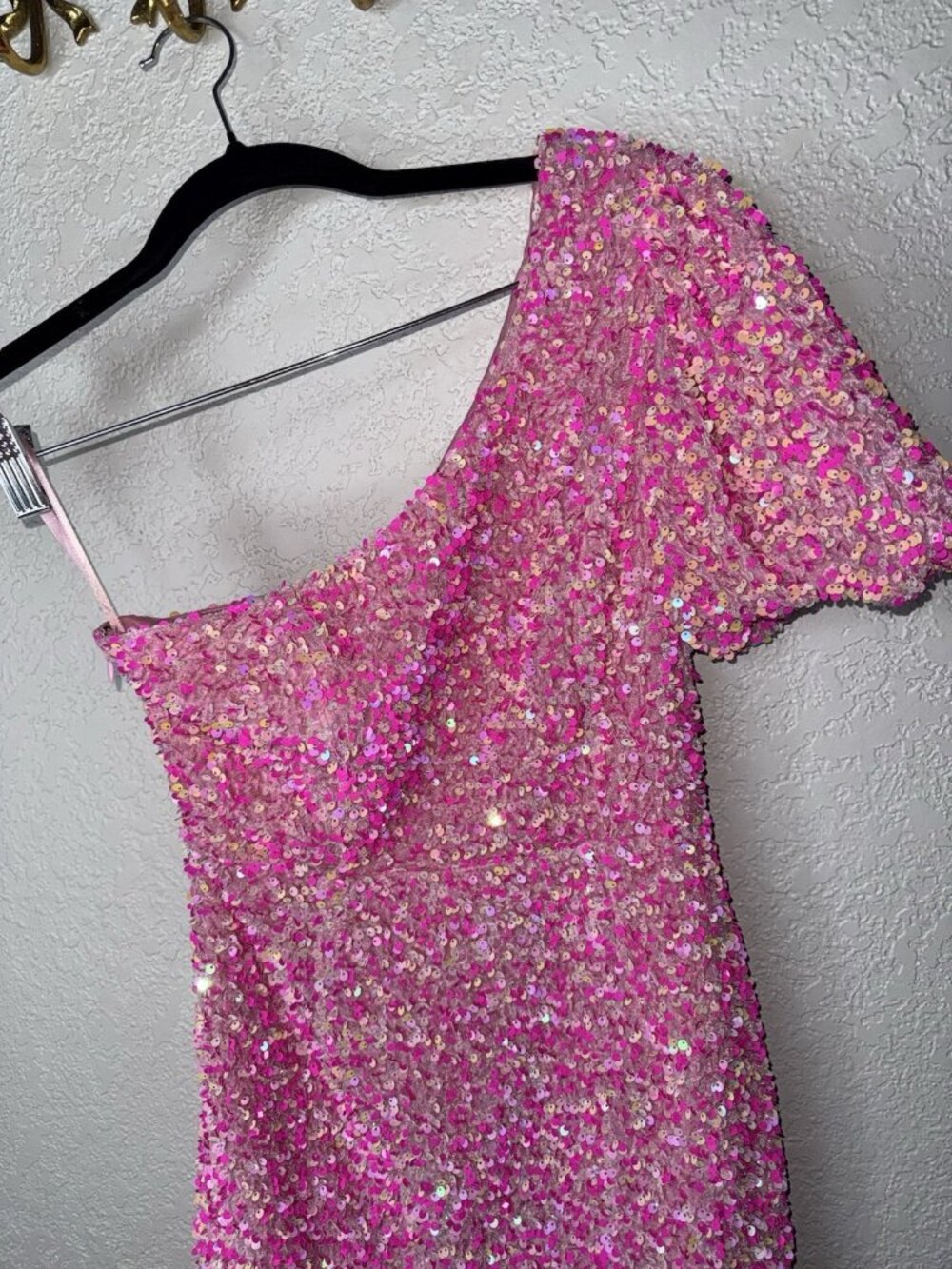 Petal & pup Pink One Shoulder Sequin Mini Dress Velvet Dance Formal Gala Small P - Picture 10 of 15